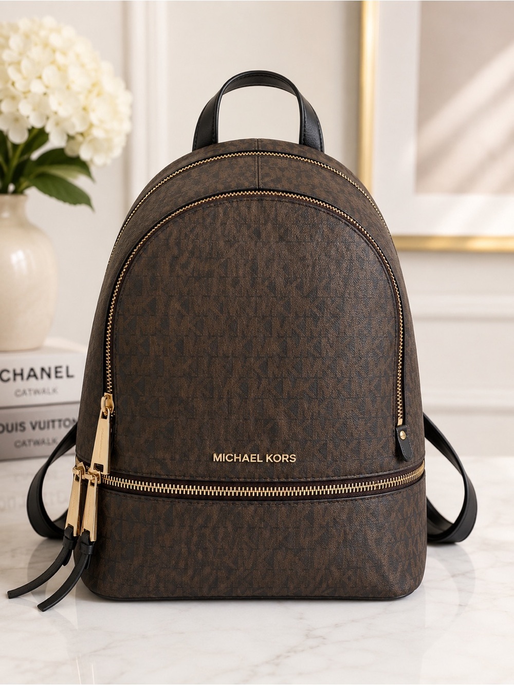 Michael Kors Jaycee Brown MK Signature Logo Backpack Gold Hardware Travel Bag